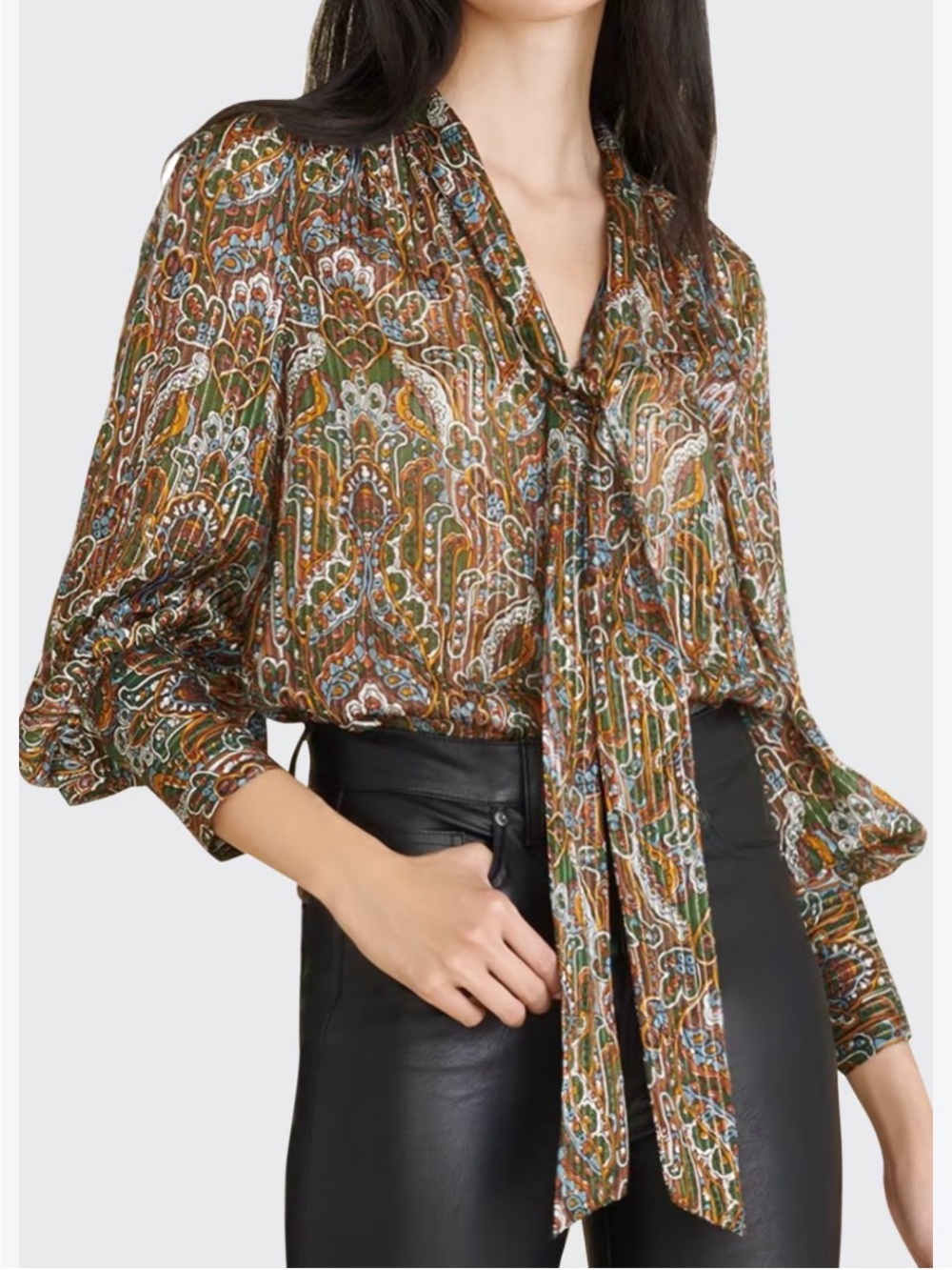 Veronica Beard Zaylee Tie-Neck Paisley Blouse in Olive Multi - Women Tops